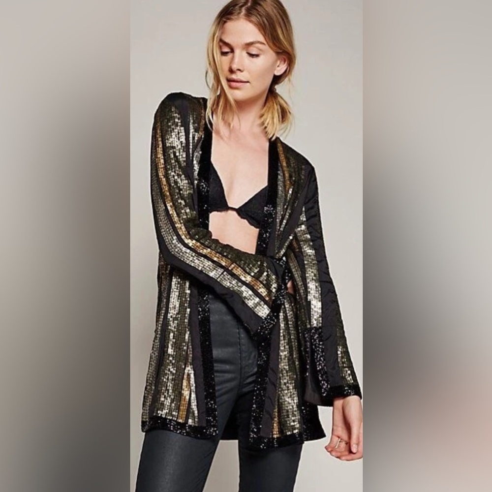 Free People Bianca Striped Sequin/Beaded Open Front Jacket,Size-Small